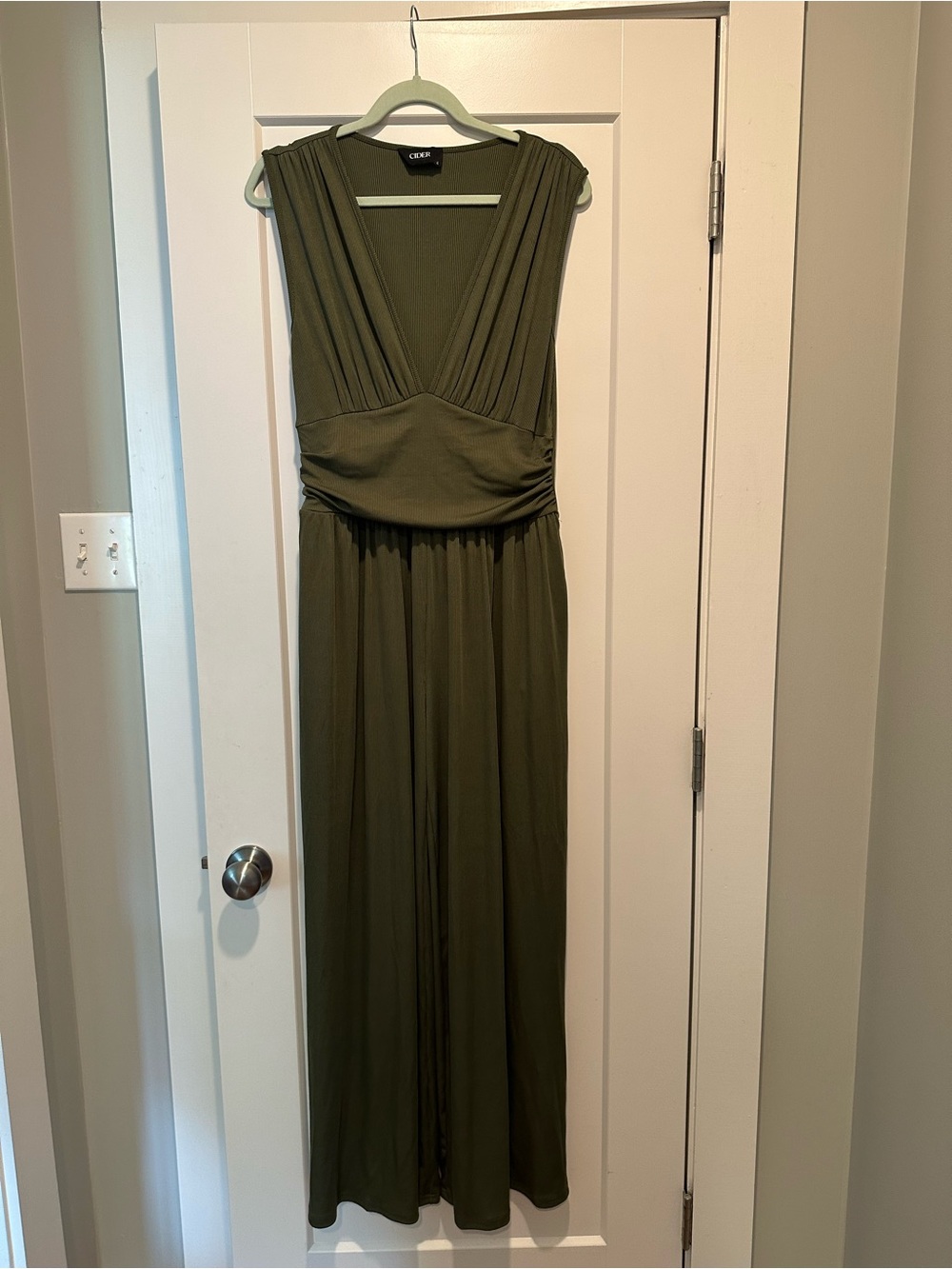 Cider Olive Green Sleeveless V-Neck Ribbed Maxi Dress